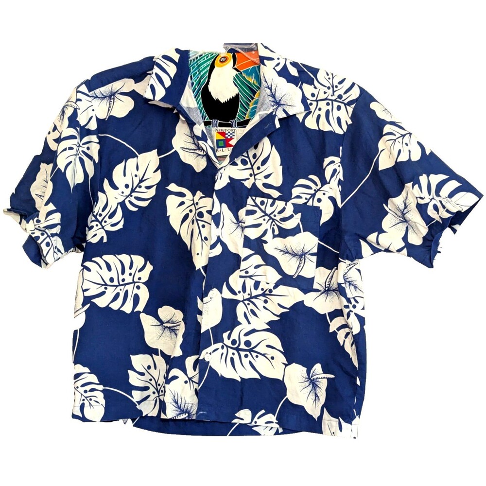 VTG 90s Newport Blue Toucan Hawaiian Shirt Men's L Boxy Tropical Monstera Palm